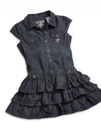 GUESS Kids Girls Little Girl Denim Flounce Dress, DARK STONE WASH (6) GUESS Kids Girls Little Girl Denim Flounce Dress, DARK STONE WASH (6)