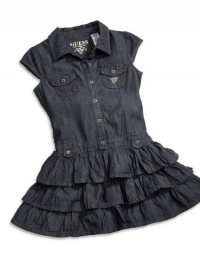 GUESS Kids Girls Little Girl Denim Flounce Dress, DARK STONE WASH (6)