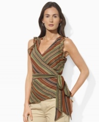 Lauren by Ralph Lauren's breezy georgette top is crafted with feminine cutout shoulders and delicate ruffles. Lauren by Ralph Lauren's breezy georgette top is crafted with feminine cutout shoulders and delicate ruffles.