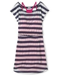 Pretty meets rough-and-tumble with this sporty-chic camisole dress featuring rugby stripes and a racerback underlay. Pretty meets rough-and-tumble with this sporty-chic camisole dress featuring rugby stripes and a racerback underlay.