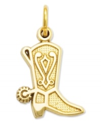 Channel the charm of a true Southern gentleman. Crafted in 14k gold, this cowboy boot has got an intricate design and a spur, too! Chain not included. Approximate length: 8/10 inch. Approximate width: 1/2 inch. Channel the charm of a true Southern gentleman. Crafted in 14k gold, this cowboy boot has got an intricate design and a spur, too! Chain not included. Approximate length: 8/10 inch. Approximate width: 1/2 inch.
