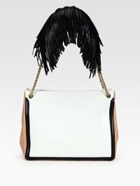 Dramatic fringe detailing adds luxe style to this tailored carryall, crafted from smooth leather in contrasting tones. Chain shoulder straps, 10¾ dropMagnetic snap closureTwo inside compartmentsOne inside zip pocketOne inside open pocketFully lined11W X 9¾H X 4¾DMade in Italy