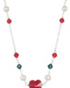 Swarovski Elements Red Heart and Red and Green Bicone with White Freshwater Pearls on Sterling Silver Chain Necklace, 18