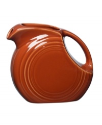 Pour it on. Enjoy the chip-resistant durability and cool Art Deco design that made Fiesta dinnerware famous with the small disk pitcher. With more than a dozen colors to love, you can mix, match and create a look that's all your own. Pour it on. Enjoy the chip-resistant durability and cool Art Deco design that made Fiesta dinnerware famous with the small disk pitcher. With more than a dozen colors to love, you can mix, match and create a look that's all your own.