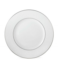 Beautiful and bridal-inspired, this classic white plate is richly textured with a delicate floral motif and raised, beaded accents. Finished with a band of polished platinum. Beautiful and bridal-inspired, this classic white plate is richly textured with a delicate floral motif and raised, beaded accents. Finished with a band of polished platinum.