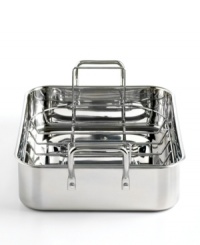 Martha Stewart's polished stainless steel roaster circulates heat evenly and keeps your dish tender to the touch with a removable rack that allows succulent juices and drips to collect for optimal basting and glazing. Lifetime warranty. Martha Stewart's polished stainless steel roaster circulates heat evenly and keeps your dish tender to the touch with a removable rack that allows succulent juices and drips to collect for optimal basting and glazing. Lifetime warranty.