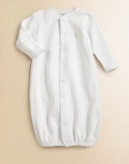 This soft cotton gown with embroidery can be converted to legs. Picot trim Front snaps Cotton; machine wash Imported