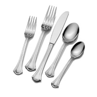 This timeless flatware collection by Wallace is defined by a graceful sweep-and-flare design. Service for twelve includes twelve of each: dinner fork, salad fork, dinner knife, dinner spoon & teaspoon, plus one cold meat fork, one tablespoon, one pierced tablespoon, one butter knife and one sugar spoon. This timeless flatware collection by Wallace is defined by a graceful sweep-and-flare design. Service for twelve includes twelve of each: dinner fork, salad fork, dinner knife, dinner spoon & teaspoon, plus one cold meat fork, one tablespoon, one pierced tablespoon, one butter knife and one sugar spoon.