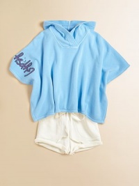 She'll fall head over heels for this supersoft hooded sherpa knit with hearts and lots of love.Attached hoodShort poncho sleevesPullover styleAsymmetrical hem65% cotton/35% polyesterMachine washMade in the USA She'll fall head over heels for this supersoft hooded sherpa knit with hearts and lots of love.Attached hoodShort poncho sleevesPullover styleAsymmetrical hem65% cotton/35% polyesterMachine washMade in the USA