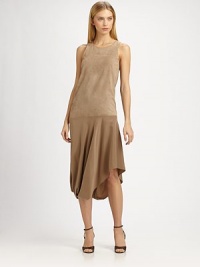 Luxe, supple suede, dressed up with a modern, asymmetrical silk skirt.Jewel necklineSleevelessDrop waistAsymmetrical hemline with back gatherAbout 33 from natural waistTop: suedeSkirt: 92% silk/8% elastaneMade in Italy of imported fabricModel shown is 6'2 (187cm) wearing US size Small. Luxe, supple suede, dressed up with a modern, asymmetrical silk skirt.Jewel necklineSleevelessDrop waistAsymmetrical hemline with back gatherAbout 33 from natural waistTop: suedeSkirt: 92% silk/8% elastaneMade in Italy of imported fabricModel shown is 6'2 (187cm) wearing US size Small.