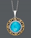 Add life to your ensemble with this exotic pendant. A versatile blend of 14k gold and sterling silver, necklace features a round-cut turquoise center stone surrounded by sparkling diamond accents. Approximate length: 18 inches. Approximate drop: 1 inch.