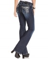 Rhinestones, studs and embroidery add glam to these Miss Me bootcut jeans for eye-catching appeal!