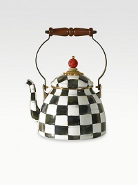 A charming kettle with a steel underbody, covered in a handpainted checkerboard juxtaposition of ivory and onyx with a bronzed stainless steel handle. Wood handle with brass accent, bone disk and faux-cinnabar bead Enameled steel 2-quart capacity 10½H X 7 diam. Hand wash Imported A charming kettle with a steel underbody, covered in a handpainted checkerboard juxtaposition of ivory and onyx with a bronzed stainless steel handle. Wood handle with brass accent, bone disk and faux-cinnabar bead Enameled steel 2-quart capacity 10½H X 7 diam. Hand wash Imported