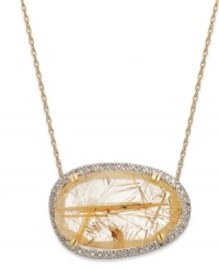 Rock star chic. This stunning oval pendant features a golden rutilated quartz (11-3/4 ct. t.w.) that stands out against a sparkling diamond frame (1/4 ct t.w.). Set in 14k gold over sterling silver. Approximate length: 18 inches. Approximate drop: 3/4 inch. Rock star chic. This stunning oval pendant features a golden rutilated quartz (11-3/4 ct. t.w.) that stands out against a sparkling diamond frame (1/4 ct t.w.). Set in 14k gold over sterling silver. Approximate length: 18 inches. Approximate drop: 3/4 inch.