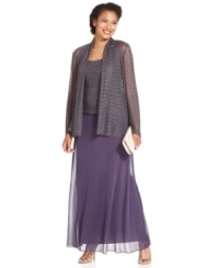 Patra adorns this gown with a lovely open-knit layer at the bodice, highlighted by sparkling metallic accents. A coordinating shawl-collar jacket is a chic complement to the look. Patra adorns this gown with a lovely open-knit layer at the bodice, highlighted by sparkling metallic accents. A coordinating shawl-collar jacket is a chic complement to the look.