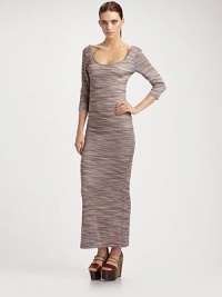 Knit-in stripes give a '70s flare to a long, lean scoopnecked style.Long sleeves Scoop back About 42 from natural waist Fully lined Polyester Dry clean Made in USA Knit-in stripes give a '70s flare to a long, lean scoopnecked style.Long sleeves Scoop back About 42 from natural waist Fully lined Polyester Dry clean Made in USA