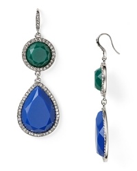 Brighten up your jewel box with these green and blue stone teardrop earrings from Aqua, sure to add a high voltage shot of color. Brighten up your jewel box with these green and blue stone teardrop earrings from Aqua, sure to add a high voltage shot of color.