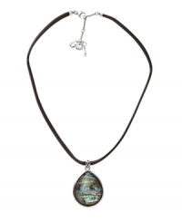 Get ready for surf and sand in Fossil's chic shell necklace. Features a teardrop-shaped abalone shell strung on a chocolate leather cord and set in silver tone mixed metal. Back of shell features a butterfly detail. Approximate length: 17 inches + 2-inch extender. Approximate drop: 2 inches. Get ready for surf and sand in Fossil's chic shell necklace. Features a teardrop-shaped abalone shell strung on a chocolate leather cord and set in silver tone mixed metal. Back of shell features a butterfly detail. Approximate length: 17 inches + 2-inch extender. Approximate drop: 2 inches.