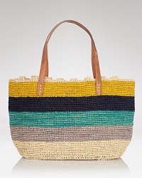 mar Y sol's colorfully striped raffia tote is the perfect summer arm-candy, accented by study leather handles. mar Y sol's colorfully striped raffia tote is the perfect summer arm-candy, accented by study leather handles.