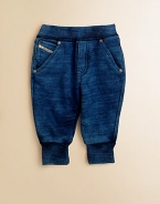 A cool and comfy pair featuring soft cotton styled and washed like denim.Ribbed elastic waistbandPull-on styleFive-pocket styleRibbed cuffsCottonMachine washImported