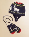 A vintage-inspired reindeer design imbues a cozy hat-and-mitten set with classic seasonal style.Hat fastens beneath the chin with adjustable button strapPull-on mittens without thumbs and connecting stringCottonMachine washImported