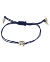 Egyptian chic. This RACHEL Rachel Roy bracelet showcases a pyramid charm with glass stone accents. An adjustable navy waxed cotton cord holds it all together. Set in silver tone mixed metal. Approximate diameter: 3/8 inch. Adjustable from 1 inch to 7-1/4 inches.