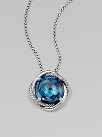 From the Infinity Collection. A beautiful, faceted blue topaz stone set in sleek sterling silver on a box link chain. Blue topazSterling sterlingLength, about 18Pendant size, about .55Lobster clasp closureImported 