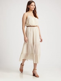 Timeless pintucking, detachable leather belt and a ruffle hem enhance this ladylike silhouette with a sweetheart neckline. Sweetheart necklineSpaghetti strapsDetachable leather beltRuffle hemFully linedAbout 33 from natural waistSilkDry cleanImportedModel shown is 5'10 (177cm) wearing US size Small. Timeless pintucking, detachable leather belt and a ruffle hem enhance this ladylike silhouette with a sweetheart neckline. Sweetheart necklineSpaghetti strapsDetachable leather beltRuffle hemFully linedAbout 33 from natural waistSilkDry cleanImportedModel shown is 5'10 (177cm) wearing US size Small.