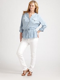 A simple button-down shirt offering you exquisite arm coverage, a comfortable, drawstring waist and a relaxed, undeniably flattering fit.Split collarRoll-tab sleevesFront pocketsButton frontDrawstring waistBack yokeAbout 26 from shoulder to hemCottonMachine washImported A simple button-down shirt offering you exquisite arm coverage, a comfortable, drawstring waist and a relaxed, undeniably flattering fit.Split collarRoll-tab sleevesFront pocketsButton frontDrawstring waistBack yokeAbout 26 from shoulder to hemCottonMachine washImported