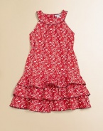 Cherries and a paisley print adorn this pretty ruffled frock with scalloped detail.Scalloped jewelneckSleevelessBack buttonsDrop-waistRuffled skirt95% cotton/5% spandexMachine washImported Please note: Number of buttons may vary depending on size ordered. 