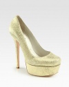 A cha-cha heel and sturdy platform heighten this crackled metallic suede pump. Self-covered heel, 5¾ (145mm)Covered platform, 1½ (40mm)Compares to a 4¼ heel (110mm)Crackled metallic suede upperLeather lining and solePadded insoleImported