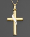 A simple cross with a reverent sash, crafted in two-tone 14k gold. Pendant is approximately 1-1/4 inches long. Chain not included.