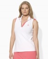 An embodiment of feminine style with an athletic sensibility, Lauren by Ralph Lauren's sleeveless plus size polo is crafted in sleek stretch jersey with metal ring snaps, bright trim and flirty ruched detailing.