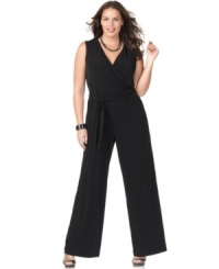 Celebrate the '70s in NY Collection's sleeveless plus size jumpsuit, featuring a belted waist. Celebrate the '70s in NY Collection's sleeveless plus size jumpsuit, featuring a belted waist.