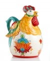 Big bold florals, exuberant hues and a whimsical rooster shape make the Pasha pitcher a country-fun addition to casual tables and decor. From Tabletops Unlimited.