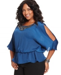 Dance the night away in Elementz' cold-shoulder plus size top, featuring an embellished neckline and peplum waist. Dance the night away in Elementz' cold-shoulder plus size top, featuring an embellished neckline and peplum waist.