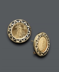 Wear it for all it's worth. Chic coins create a lively centerpiece in these crafty stud earrings. Edged by a cut-out Greek key pattern, this standout style will complement any look. Crafted in 14k gold. Approximate diameter: 1 inch. Wear it for all it's worth. Chic coins create a lively centerpiece in these crafty stud earrings. Edged by a cut-out Greek key pattern, this standout style will complement any look. Crafted in 14k gold. Approximate diameter: 1 inch.