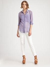 Airy, semi-sheer silk stripes give this classic style its feminine edge.Point collarHidden button frontLong sleevesButtoned cuffsSilkDry cleanImported of Italian fabricModel shown is 5'10 (177cm) wearing US size Small.Additional Information Women's Premier Designer & Contemporary Size Guide Airy, semi-sheer silk stripes give this classic style its feminine edge.Point collarHidden button frontLong sleevesButtoned cuffsSilkDry cleanImported of Italian fabricModel shown is 5'10 (177cm) wearing US size Small.Additional Information Women's Premier Designer & Contemporary Size Guide