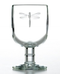 A festive addition to meals enjoyed al fresco, Dragonfly glassware stars one bug you won't mind in your drink. Each footed goblet features a raised dragonfly, a symbol of water and the rebirth of spring. Made of thick, sturdy glass for everyday enjoyment. A festive addition to meals enjoyed al fresco, Dragonfly glassware stars one bug you won't mind in your drink. Each footed goblet features a raised dragonfly, a symbol of water and the rebirth of spring. Made of thick, sturdy glass for everyday enjoyment.
