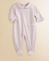 This precious one-piece is crafted in plush pima cotton and adorned with ruffles and stripes for sweet baby style.Peter Pan collarLong sleeves with ruffle cuffsPatch pocketBack snapsBottom snapsPima cottonMachine washImported Please note: Number of snaps may vary depending on size ordered. 