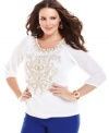 It's your time to shine with INC's three-quarter sleeve plus top, accented by sequined embroidery.