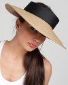 A chic straw halo with contrast black trim and a removable forehead pad for a comfortable fit.
