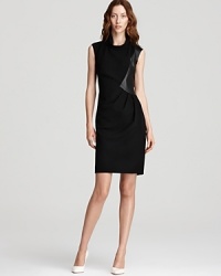 Asymmetric leather insets punctuate a Lafayette 148 New York dress for a modern spin on the classic LBD. Slip a structured jacket over the style for a tough take on glamour. Asymmetric leather insets punctuate a Lafayette 148 New York dress for a modern spin on the classic LBD. Slip a structured jacket over the style for a tough take on glamour.