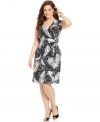 Look sensational and slender in Jones New York Signature's sleeveless plus size dress, featuring a flattering wrap design.