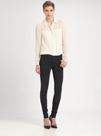 Semi-sheer silk design with modern paneling and a hidden button front. Point collarHidden button frontLong sleeves with buttoned cuffsAbout 26 from shoulder to hemSilkDry cleanImported Model shown is 5'11 (180cm) wearing US size 4. Semi-sheer silk design with modern paneling and a hidden button front. Point collarHidden button frontLong sleeves with buttoned cuffsAbout 26 from shoulder to hemSilkDry cleanImported Model shown is 5'11 (180cm) wearing US size 4.