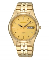 Champagne, anyone? Seiko's champagne-dial watch shows off everyday good looks. Round goldtone mixed metal case and bracelet. Champagne dial features logo, stick indices, luminous hands and day/date window. Ten-month energy storage. Quick-start function and energy depletion warning. Solar quartz movement. Water resistant to 30 meters. Three-year limited warranty. Champagne, anyone? Seiko's champagne-dial watch shows off everyday good looks. Round goldtone mixed metal case and bracelet. Champagne dial features logo, stick indices, luminous hands and day/date window. Ten-month energy storage. Quick-start function and energy depletion warning. Solar quartz movement. Water resistant to 30 meters. Three-year limited warranty.