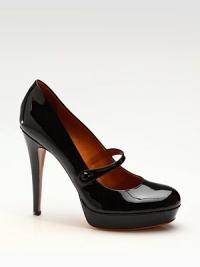 Patent leather with a round toe and Mary Jane strap. Self-covered heel, 5 Self-covered platform, ¾ Compares to a 3¼ heel Leather lining and sole Padded insole Made in Italy OUR FIT MODEL RECOMMENDS ordering one half size up as this style runs small. Patent leather with a round toe and Mary Jane strap. Self-covered heel, 5 Self-covered platform, ¾ Compares to a 3¼ heel Leather lining and sole Padded insole Made in Italy OUR FIT MODEL RECOMMENDS ordering one half size up as this style runs small.