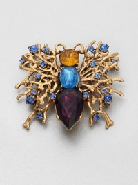 This colorful piece with faceted stones and glass pearls features an insect-shape with coral-inspired wings. Glass stones and pearlsPewter and brassSize, about 3 Pin backMade in USA