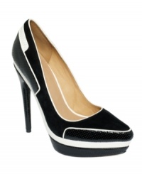 Sharp contrast and clean lines. The Ohio platform pumps by L.A.M.B. feature a pointed toe and neat platform with contrasting accents. Sharp contrast and clean lines. The Ohio platform pumps by L.A.M.B. feature a pointed toe and neat platform with contrasting accents.