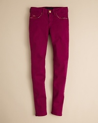 Blushing with bold colors, Juicy Couture's garment dye jeans are rendered with a skinny silhouette and classic jean stylings. Blushing with bold colors, Juicy Couture's garment dye jeans are rendered with a skinny silhouette and classic jean stylings.